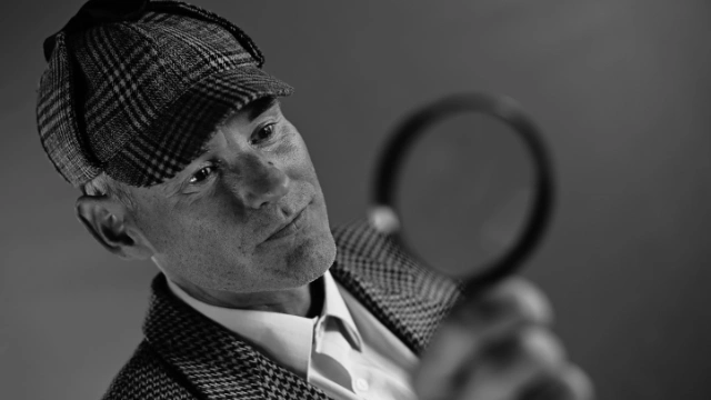 hombre con boina y lupa representa investigación en la oficina de intercambio de información oii buró médico en seguros