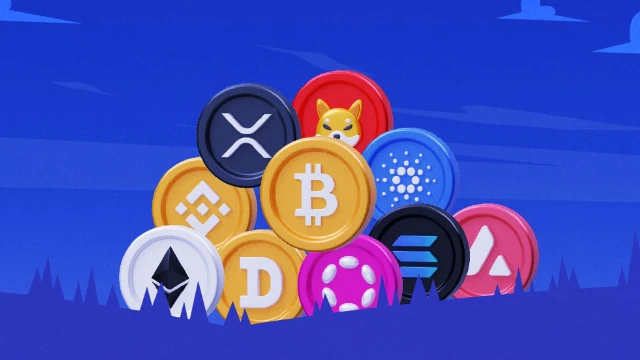 Ilustración de tokens digitales con los logos de Bitcoin, Ethereum y otras criptomonedas sobre fondo azul
