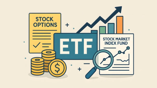 Ilustración con gráficos financieros, monedas y documentos que representan el concepto de ETF (fondo cotizado en bolsa).