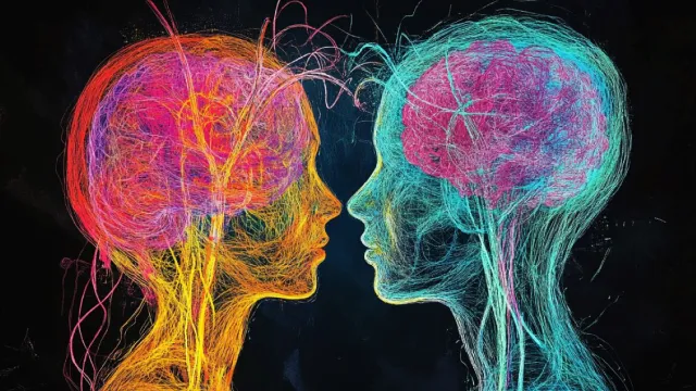 Two human silhouettes facing each other with colorful neural connections, representing communication and understanding between languages when you have a bilingual insurance agent in Mexico.