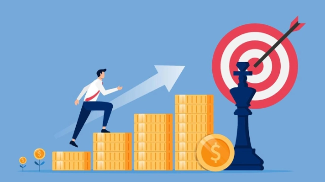 Man climbing steps made of stacked coins toward a large bull’s-eye, symbolizing financial goals and smart investing in Mexico.