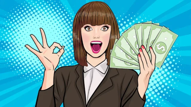 Ilustración de una mujer feliz sosteniendo dinero mientras representa cómo OptiMaxx Plus de Allianz puede hacer crecer un plan personal de retiro.