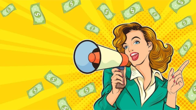 Mujer con dinero y megáfono representando la claridad sobre los retiros y la liquidez en OptiMaxx Plus de Allianz como plan personal de retiro