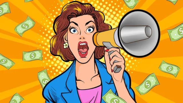 Mujer con dinero y un megáfono representando la importancia de informarse antes de contratar OptiMaxx Plus de Allianz como plan personal de retiro y estrategia de inversión a largo plazo