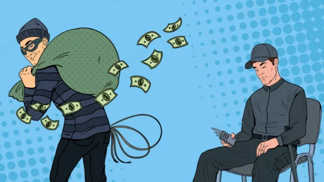 Ilustración que representa la percepción de fraude en OptiMaxx Plus de Allianz con un hombre robando un costal de dinero mientras un guardia duerme, asociada a dudas sobre el PPR y el plan personal de retiro.