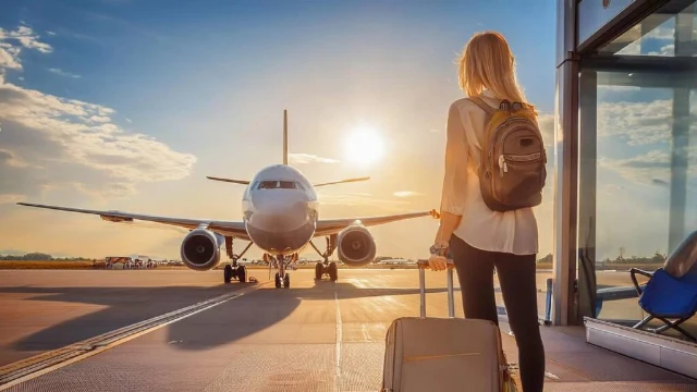 Woman with suitcase walking toward an airplane runway symbolizing international travel and Mexican private health insurance abroad