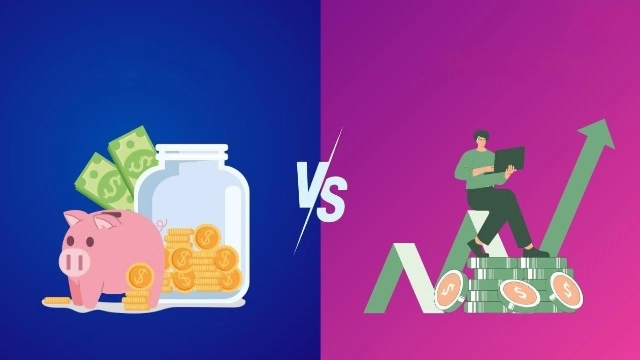 comparacion modalidad 40 ahorrar vs invertir con frasco de monedas frente a grafica de crecimiento financiero