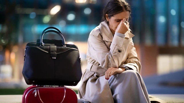 Frustrated woman sitting next to her luggage at the airport after missing her flight during the World Cup
