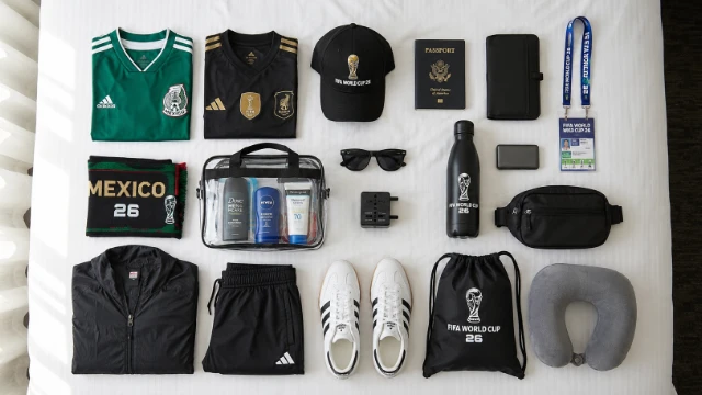 Essential travel items for the FIFA World Cup 2026 in Mexico placed on a bed, including a passport, tickets, Mexico jersey, and travel accessories.
