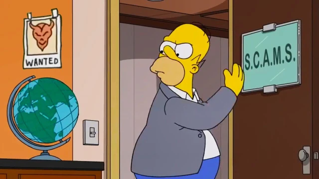 Homer Simpson angrily entering a room while slamming a door labeled “Scams,” holding a globe that represents international travel during FIFA 2026.