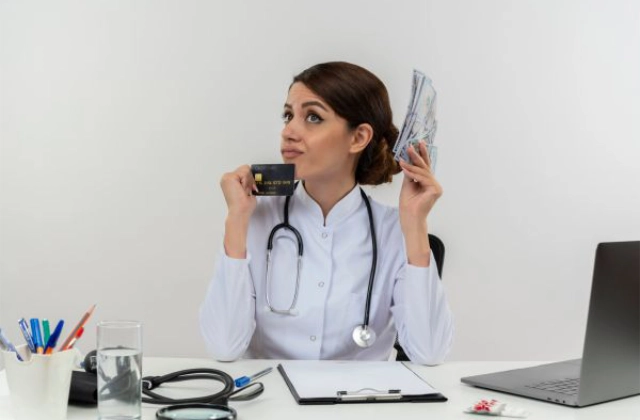 Doctora revisando una cuenta médica y una tarjeta de crédito para representar el tabulador de honorarios médicos de un seguro de gastos médicos.