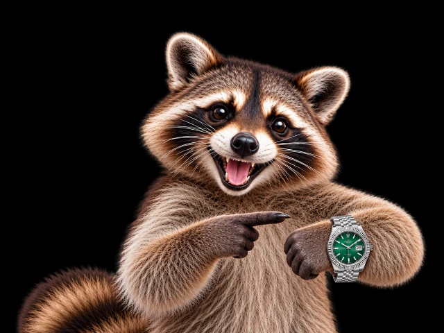 A raccoon pointing at its Rolex Datejust wristwatch to illustrate how waiting periods work in Mexican health insurance.